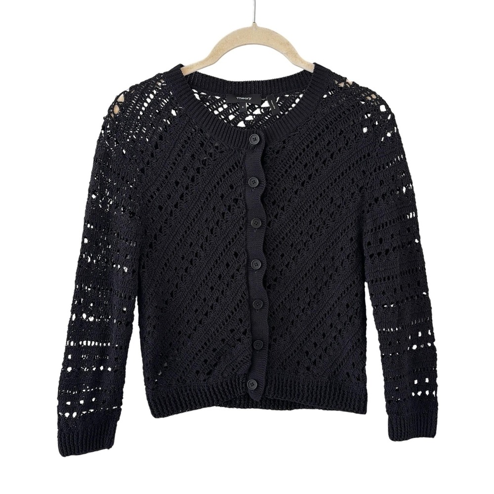 Theory Sweater Cardigan Womens Size S Black Crochet Knit Button Front Preppy
